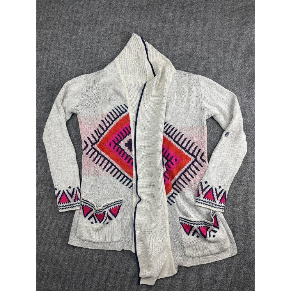 Billabong Sweater Cardigan Womens Medium Cream Pink Shawl Collar Aztec Geometric